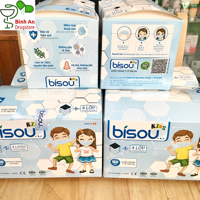 [CHÍNH HÃNG] KHẨU TRANG Y TẾ 4 LỚP KHÁNG KHUẨN BISOU TRẺ EM - Hộp 50 cái chia 5 bịch | BigBuy360 - bigbuy360.vn