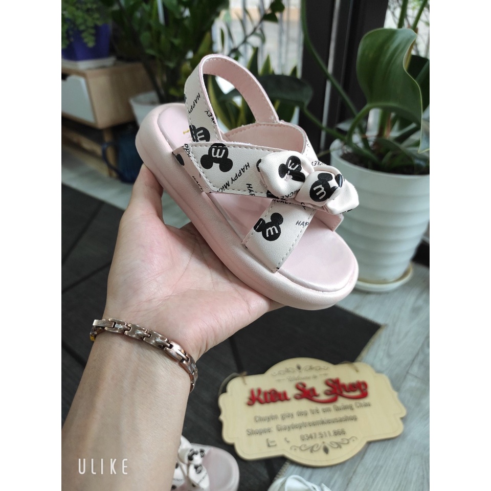 Dép Sandal Quai Hậu Cho Bé Gái 2-6 Tuổi Hình Micky,Quai Nơ Khóa Dán Da Mềm Siêu Xinh