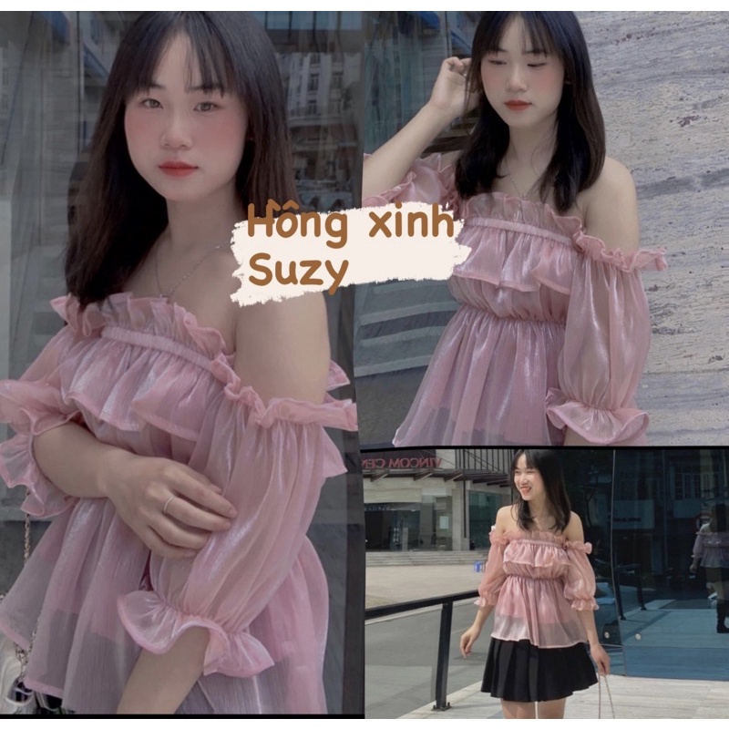 [Ảnh thật/Video] Áo Tơ Trễ Vai Suzy Ngực Bèo Nhún Sang chảnh Áo Trễ Vai Tay Bồng tiểu thư