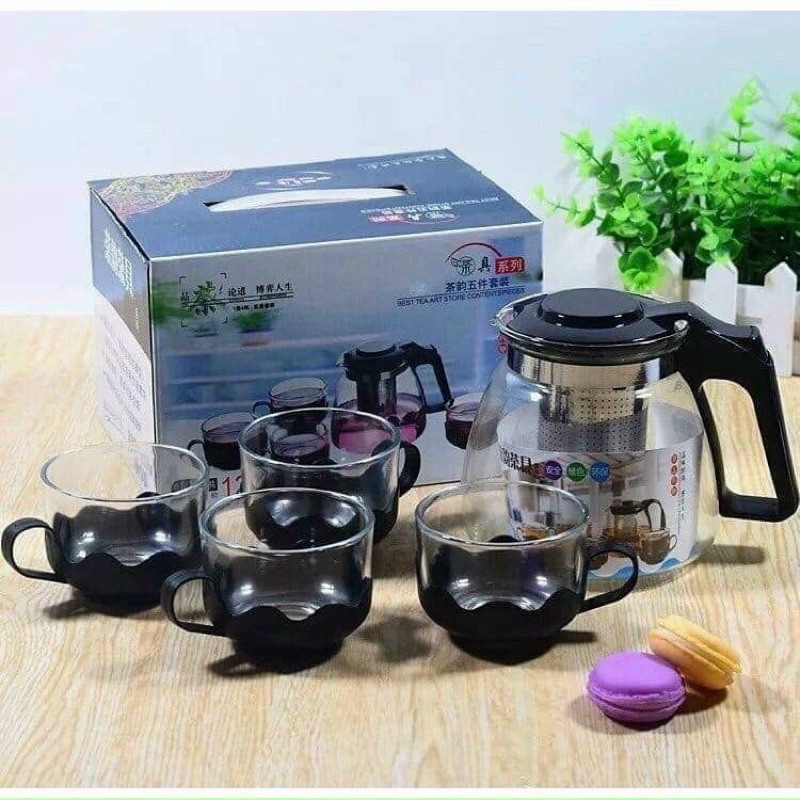 Bộ ấm trà có lưới lọc inox kèm 4 ly sang trọng