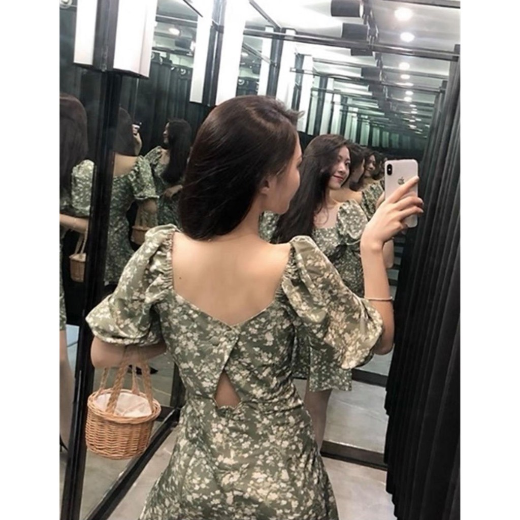 🍬🍬 Váy Hoa Trà Cổ Vuông,Đầm Hoa Trà Cổ Vuông Retro Kiểu Pháp Cho Nữ 🍬🍬