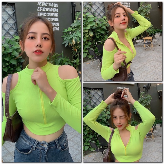 [Hình Thật] Áo Croptop Tay Dài Thời Trang Hàn Quốc Khoét Hai Bên Vai Dây Kéo Trước Ngực Gía Rẽ Chất Duyên Dáng Tuyệt Đẹp | BigBuy360 - bigbuy360.vn