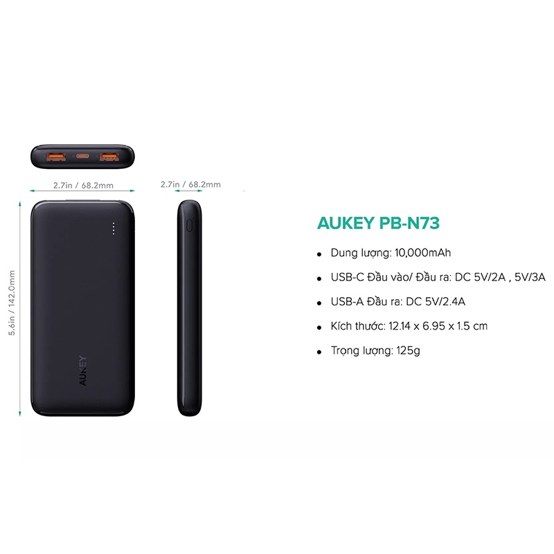 Sạc Dự Phòng Siêu Mỏng 10.000 mAh Aukey PB-N73 1 Cổng Sạc Nhanh Type C 15W, 2 Cổng USB-A - Hàng Chính Hãng