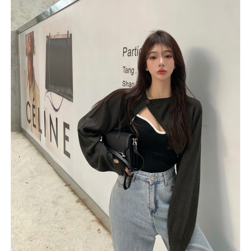 Set áo khoác cardigan ngắn dài tay + áo hai dây dệt kim màu tương phản thời trang cho nữ