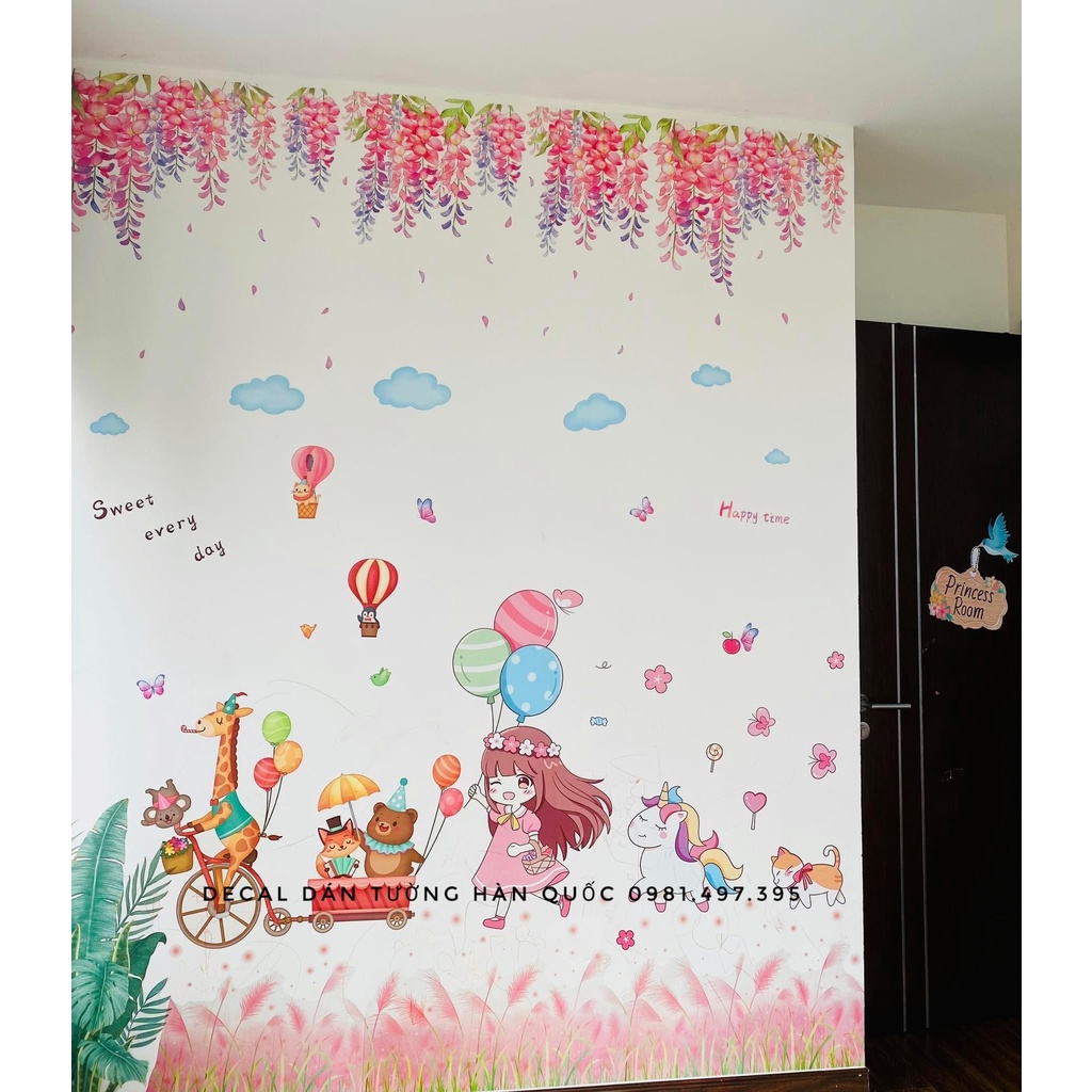 Decal dán tường phong cách Hàn Quốc chủ đề công chúa màu hồng trang trí phòng cho bé