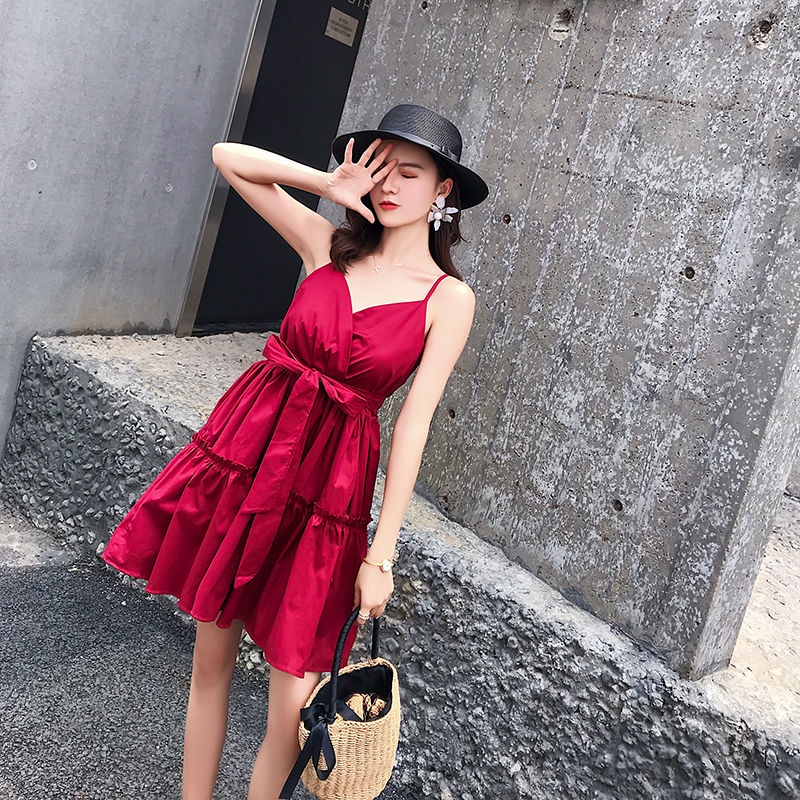 Đầm Chữ A Cổ Chữ V Thắt Nơ Màu Đỏ Phong Cách Hàn Quốc Size Lớn