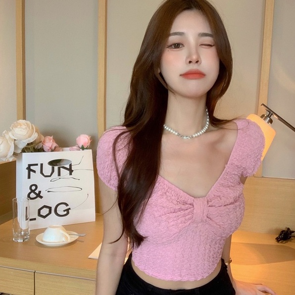 Áo dệt kim ZHELIHANGFEI ngắn tay cổ chữ V thắt nơ đáng yêu phong cách thời trang