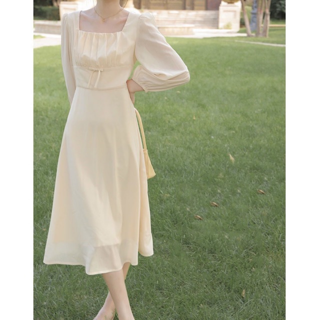 🍀Đầm midi cổ vuông xếp ly ngực tay bí