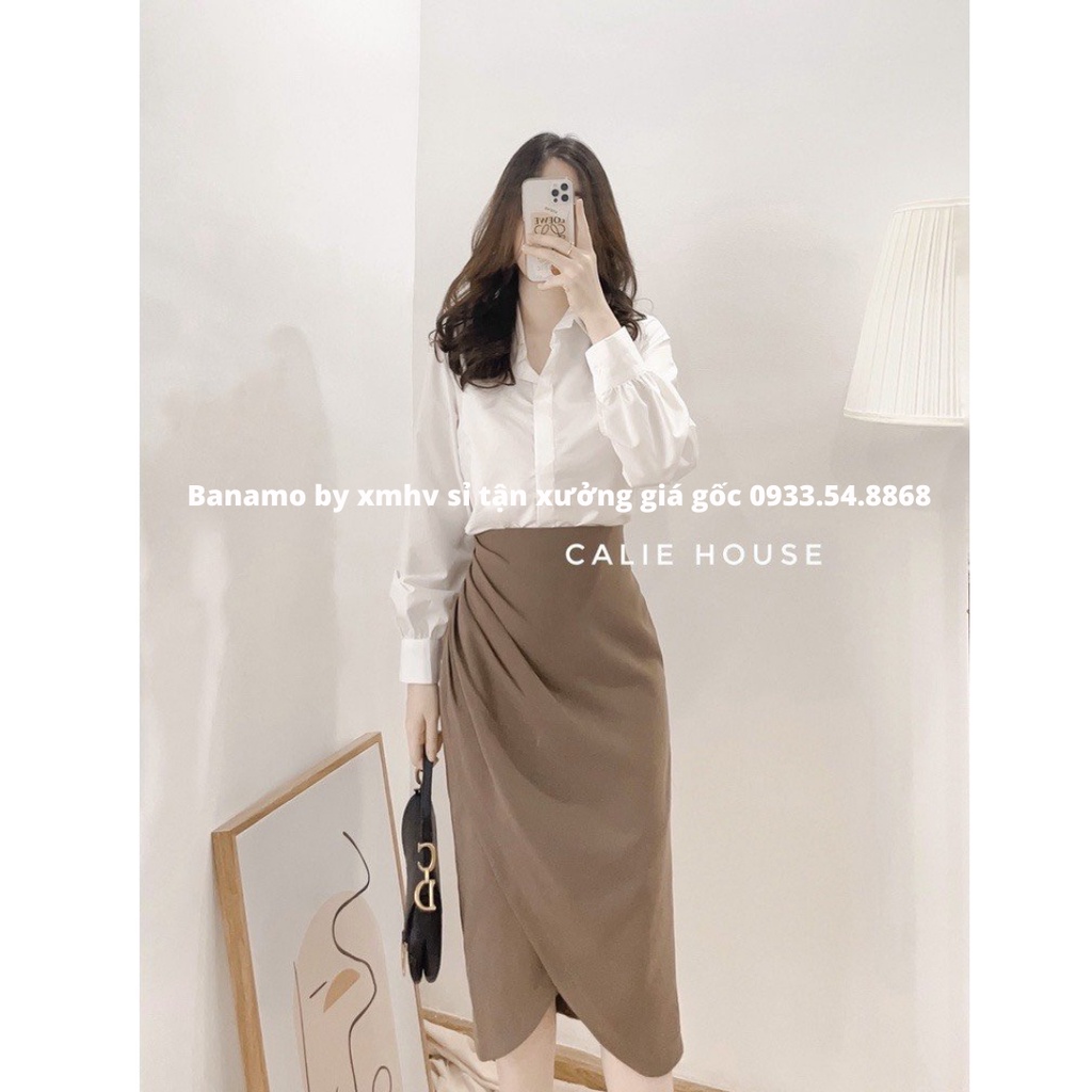 Chân váy vạt lệch xếp ly eo dáng dài thời trang Banamo Fashion chân váy nhún eo 533