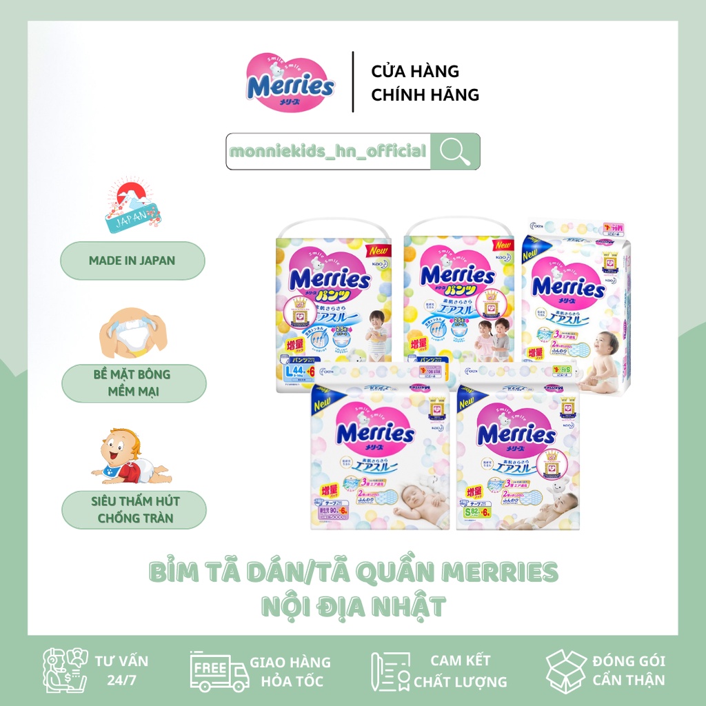 Bỉm Merries Dán Nội Địa Nhật (Cộng miếng) (Date Mới) NB96/S88/M68/L58