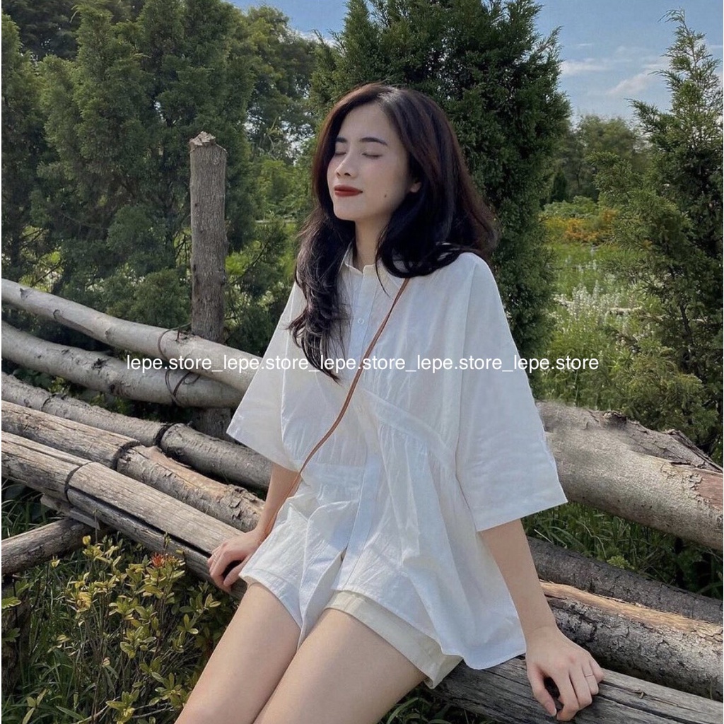 [SẴN] Áo sơ mi cộc tay vạt lệch nhún cách điệu chất đũi mát mẻ cực sịn màu trắng kem vintage(Ảnh thật) | BigBuy360 - bigbuy360.vn