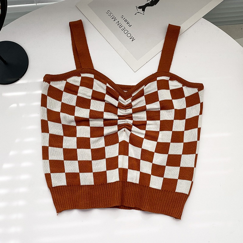 Áo Croptop Hai Dây Mỏng Nhẹ Ôm Dáng Họa Tiết Kẻ Sọc Caro Gợi Cảm Cho Nữ