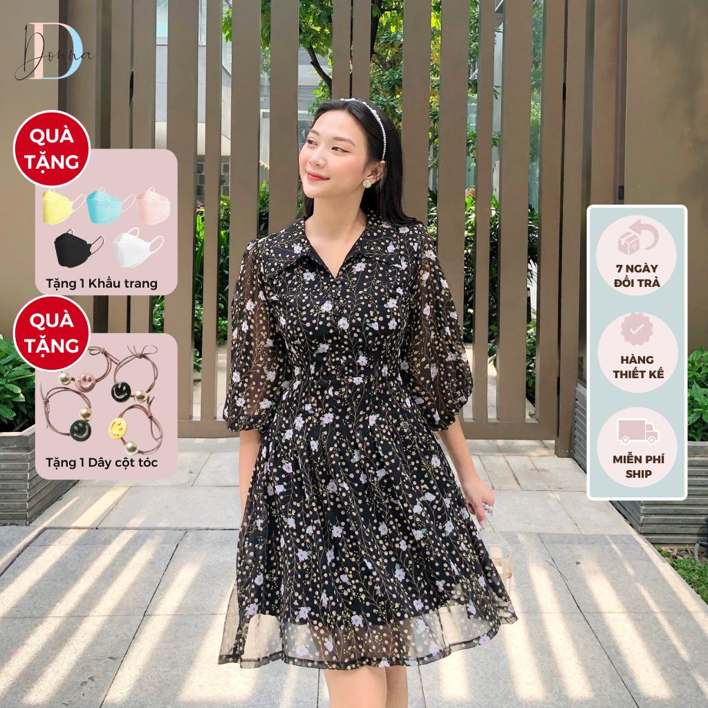 Đầm thiết kế hoa nhí DONNA chính hãng tà váy xếp ly bồng bềnh tôn dáng màu Đen và Xanh