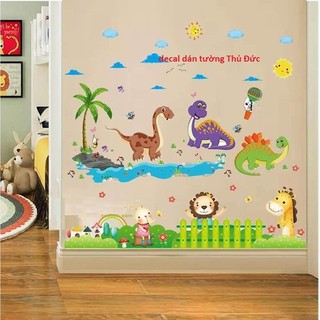 Combo 2 bức decal dán tường mẫu khủng long kết hợp chân tường hươu