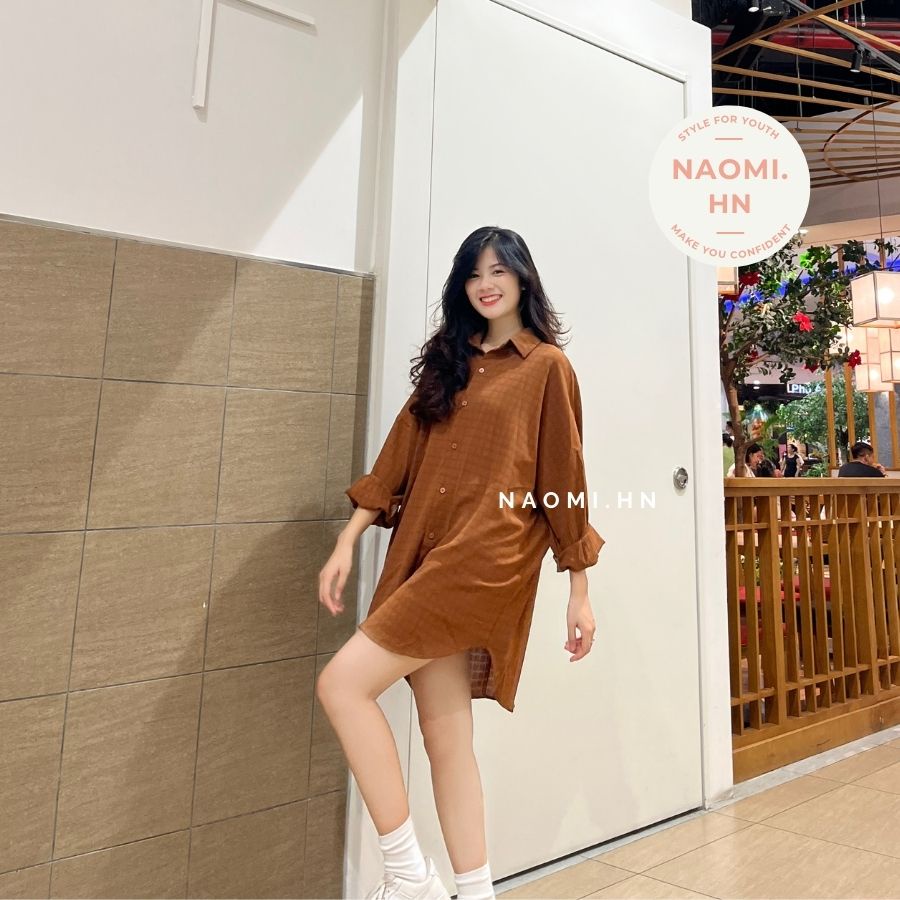 Váy sơ mi dài tay form rộng Hàn Quốc chất đũi xước mát mix caro chìm. Đầm nữ sơ mi suông basic xẻ tà 2 bên HOTHIT