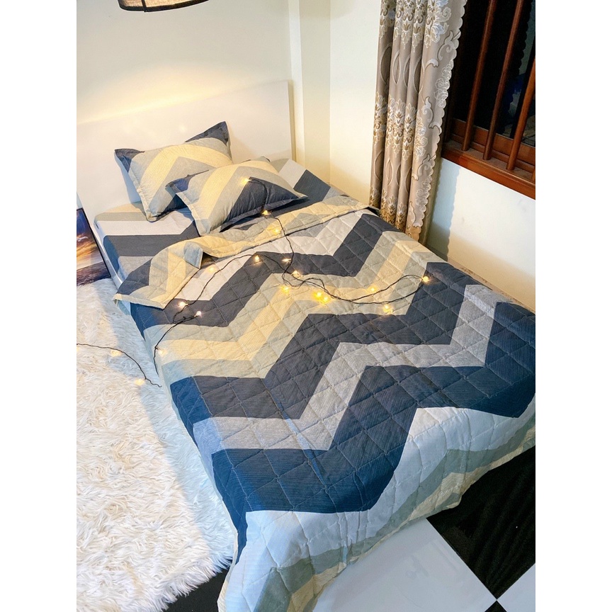 Set ga gối chăn hè chần bông Cotton 5 món EMMIBedding, mẫu Kẻ sóng xám mền cotton họa tiết đáng yêu
