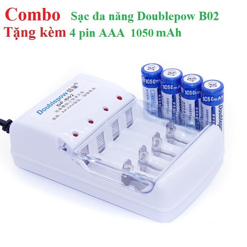 Combo sạc Doublepow DP-B02 và 4 pin tiểu sạc Doublepow AAA 1250mAh