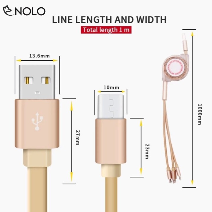 Sạc 3 Đầu Dây Rút 3in1 MicroUSB, Type C, Lightning Iphone Dây TPE Lõi Đồng Siêu Bền 100cm