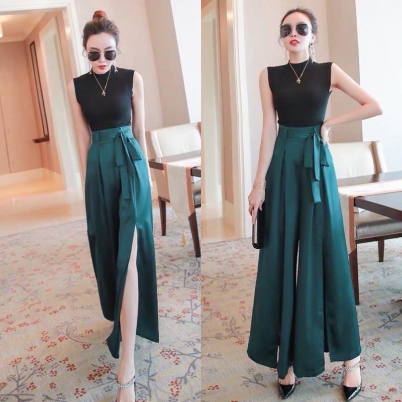 Set Bộ công sở áo thun quần xẻ tà, Set áo thun gân mix quần tây ống rộng xẻ tà