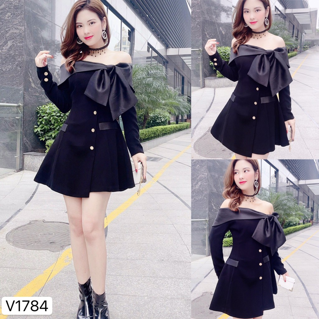 Váy đen trễ vai cao cấp V1784 - Đẹp Shop DVC (Kèm ảnh thật trải sàn do shop tự chụp)