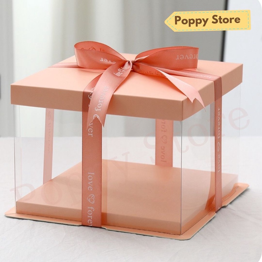 Hộp đựng bánh kem sinh nhật, hộp nhựa mica có nắp, màu cam pastel dễ thương, tặng kèm ruy băng - POPPY STORE