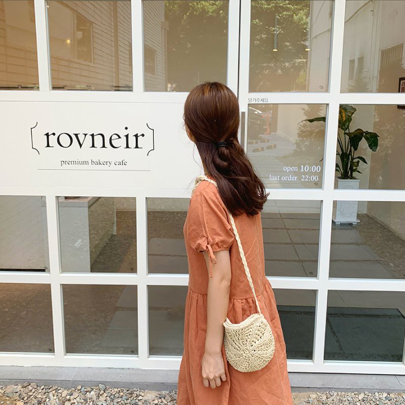 [NowShip - Giao Ngay] Túi Cói Boho Vintage Đeo Vai, Đeo Chéo Hình Tròn Dây Da Màu Nâu Be Trơn