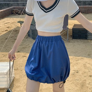 Áo viền cổ v + chân váy dây rút kẻ sọc caro ulzzang