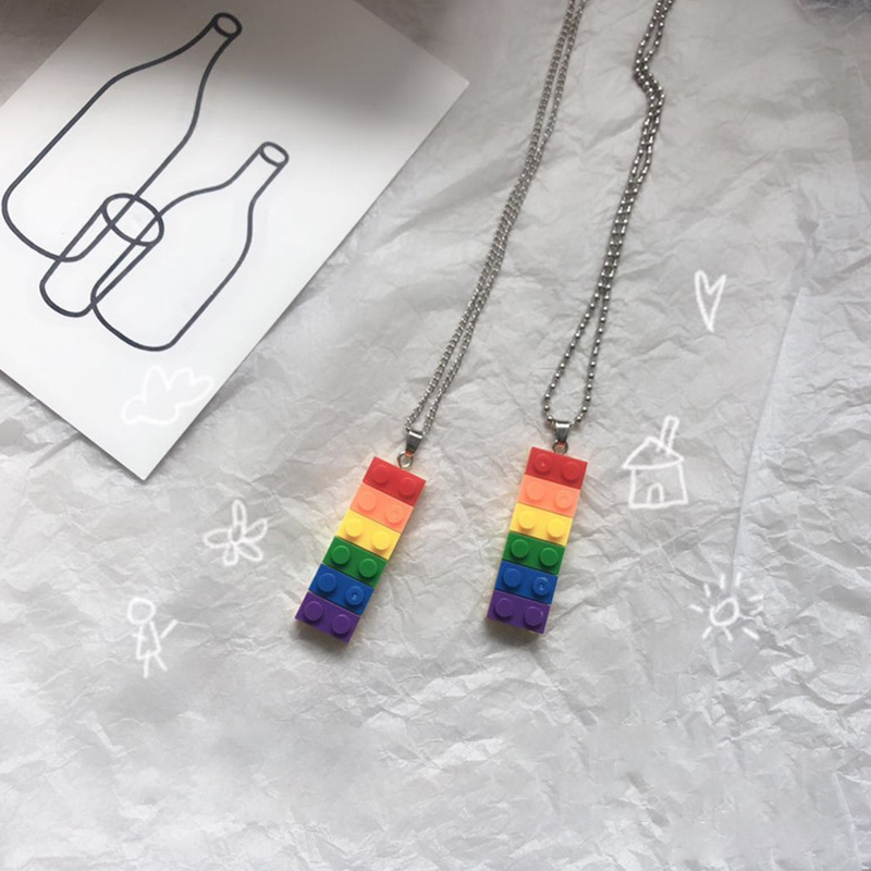 Vòng Cổ Mặt Hình Khối Lego Màu Cầu Vồng Phong Cách Hip Hop Thời Trang Cho Nam Và Nữ