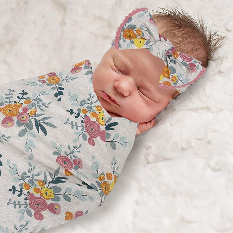 Bộ 2 Món Gồm Chăn + Túi Ngủ + Băng Đô Bằng Cotton Mềm In Hoa Cho Bé Sơ Sinh