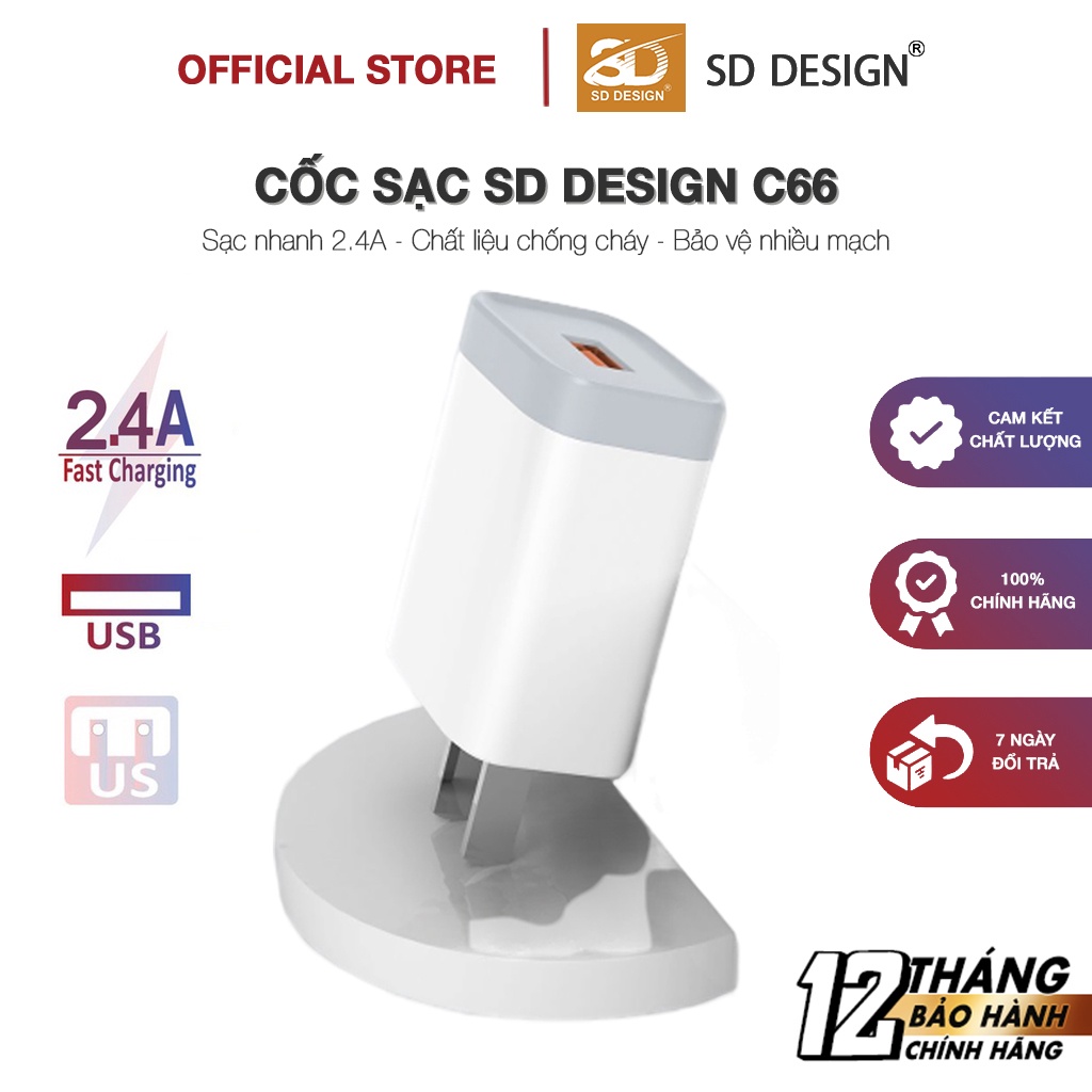 Củ sạc 2.4A C66 chính hãng SD DESIGN hỗ trợ sạc nhanh an toàn cho điện thoại, Pin dự phòng, tai nghe Bluetooth