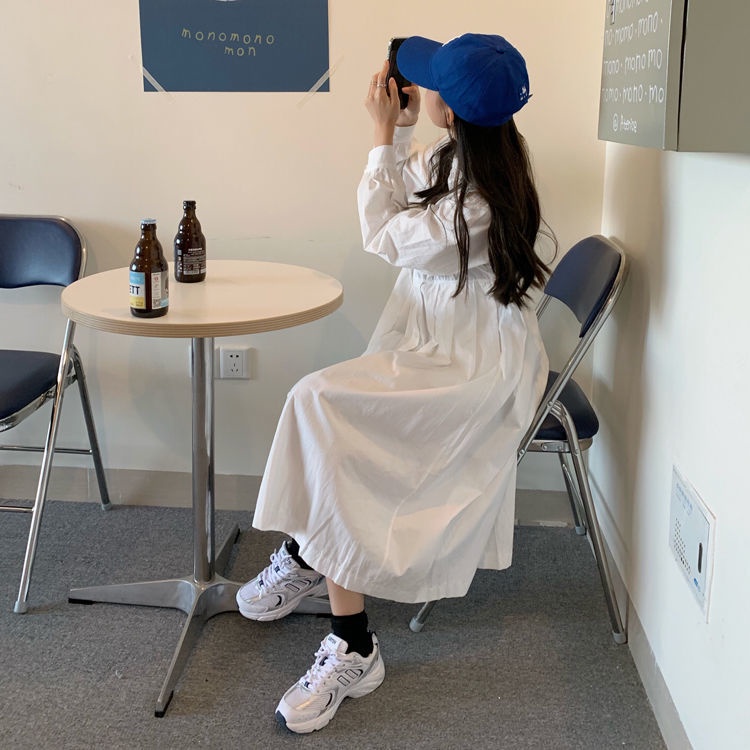 Đầm Midi Dáng Chữ A Tay Dài Màu Trơn Phong Cách Hàn Quốc Thời Trang Cho Nữ