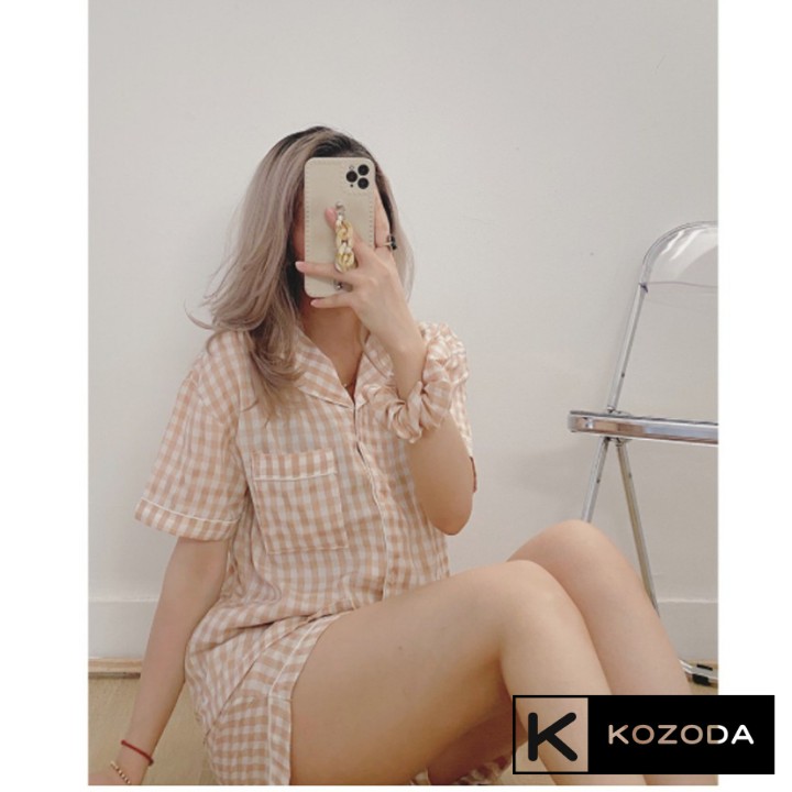 Set Pijama kẻ caro kèm scrunchies siêu xinh, Bộ đồ kẻ kèm chun buộc tóc mặc đi chơi mặc ở nhà đẹp dáng tôn da Kozoda M54 | BigBuy360 - bigbuy360.vn