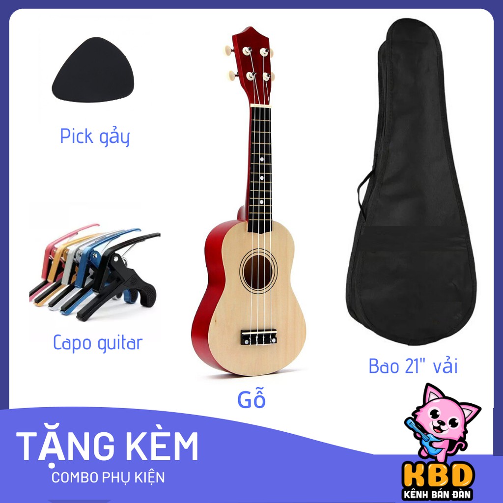 Combo Đàn Ukulele Soprano Gỗ + Bao vải + Capo Ukulele + Học nhạc lý qua video call