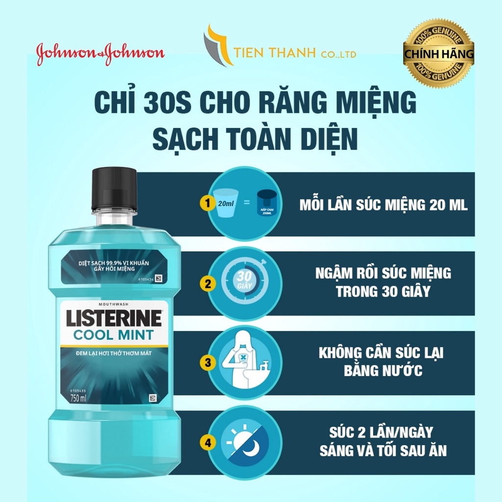 COMBO 2 Nước súc miệng Listerine Diệt khuẩn giữ hơi thở thơm mát Cool Mint 750mlx2 - Hàng chính hãng.