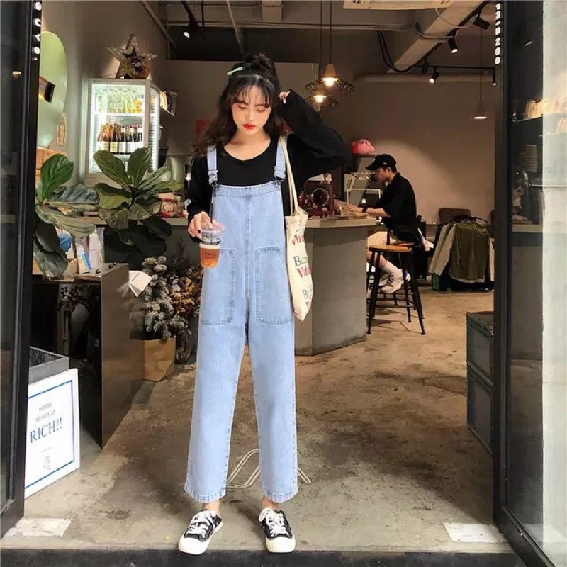 Yếm jean nữ kiểu quần yếm jean dài ống rộng phối túi to trẻ trung thời trang 2KJEAN