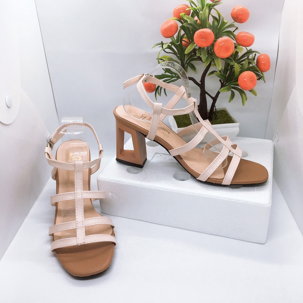 Giày Cao Gót Vuông 7p khoét Kiểu Màu Nâu Nhiều Dây Ngang PN