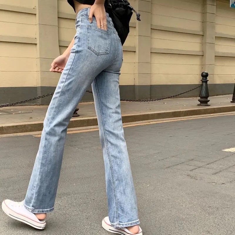 Quần Jeans Nữ Ống Loe Màu Xanh Nhạt Đậm Chất Co Dãn Có Túi Cạp Cao Cá Tính Sành Điệu Phong Cách Hàn Quốc Loại 1