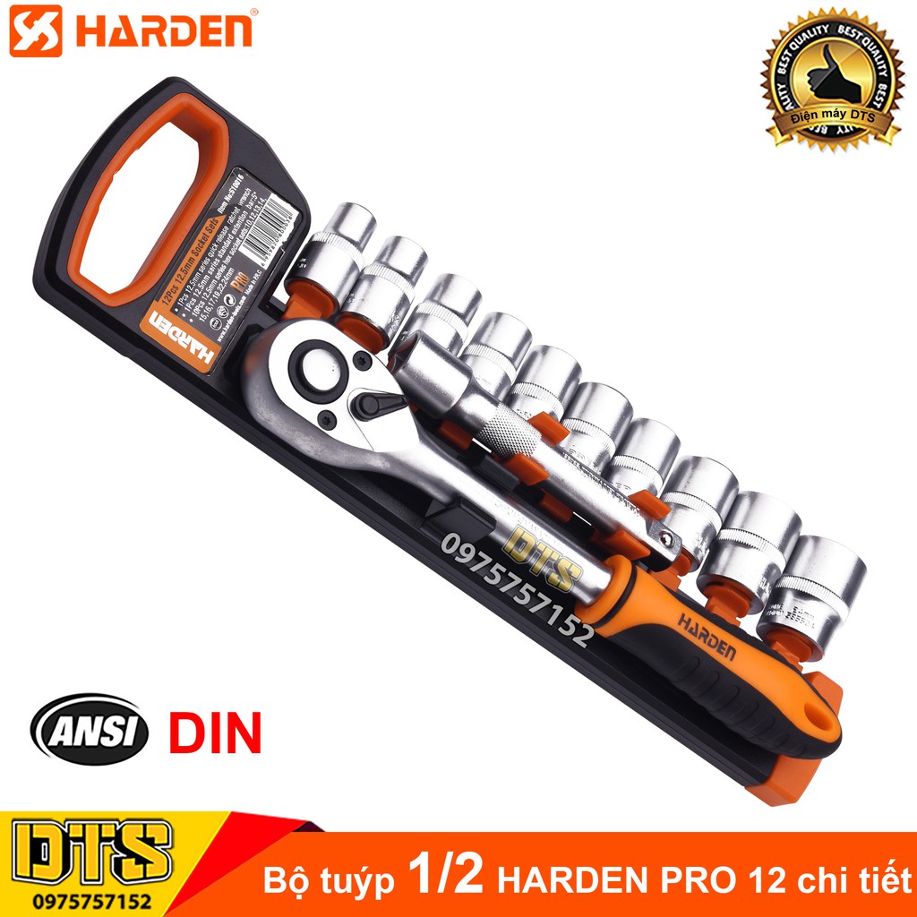 Bộ tuýp, bộ khẩu 1/2 công nghiệp HARDEN PRO 12 chi tiết 10-24mm, bộ cần tự động sửa chữa xe máy, ô tô chuyên nghiệp