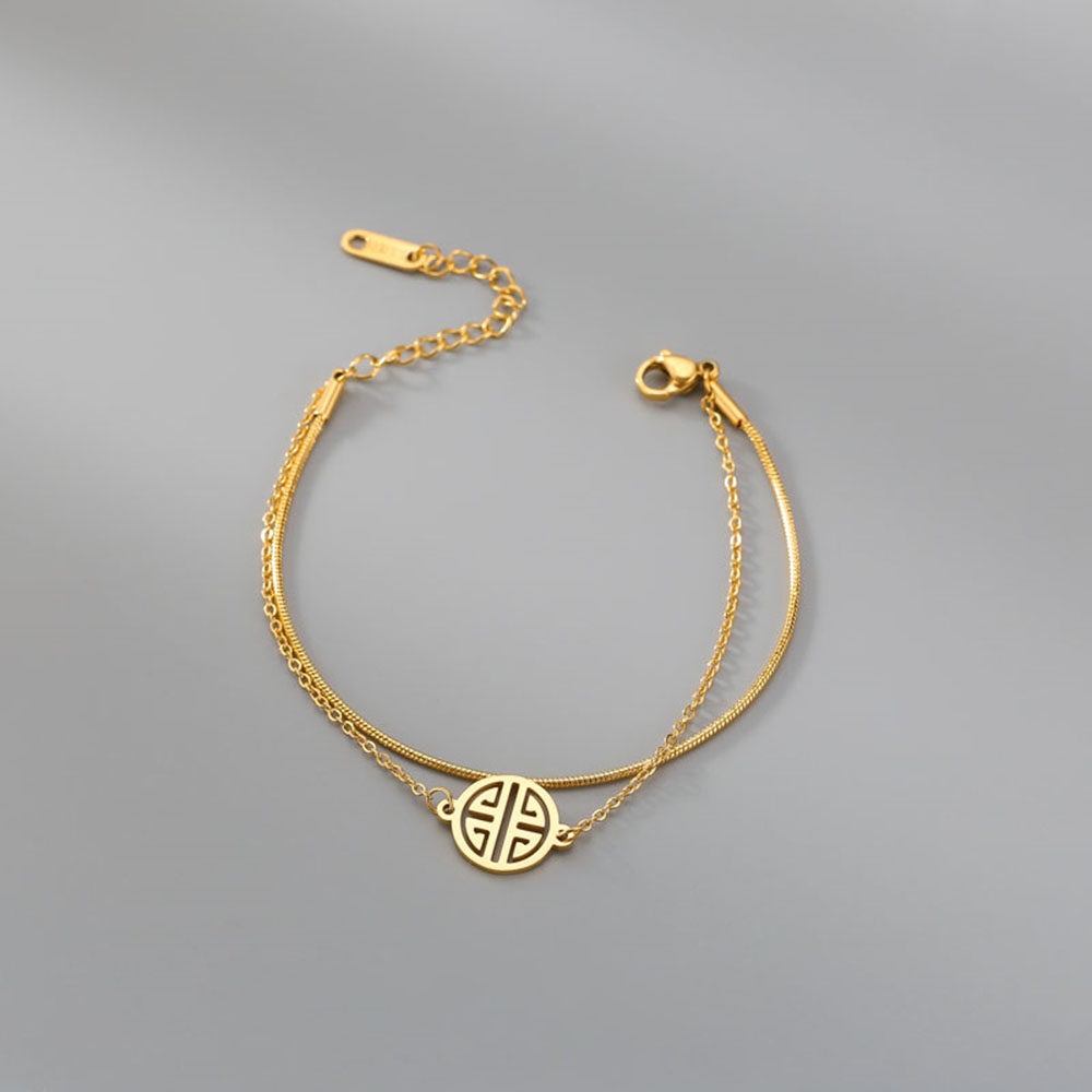 Vòng Đeo Tay Bằng Thép Titan Hai Lớp Mặt Hình May Mắn Phong Cách Hàn Quốc Cổ Điển Đơn Giản Dành Cho Nữ