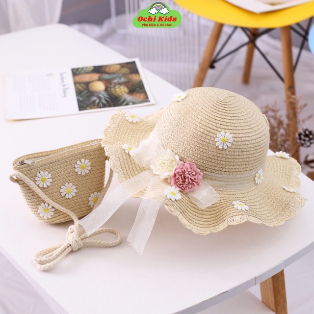 Set mũ cói kèm túi xách đeo chéo đính hoa cho bé gái, bộ túi nón cói bé gái 2 - 9 tuổi