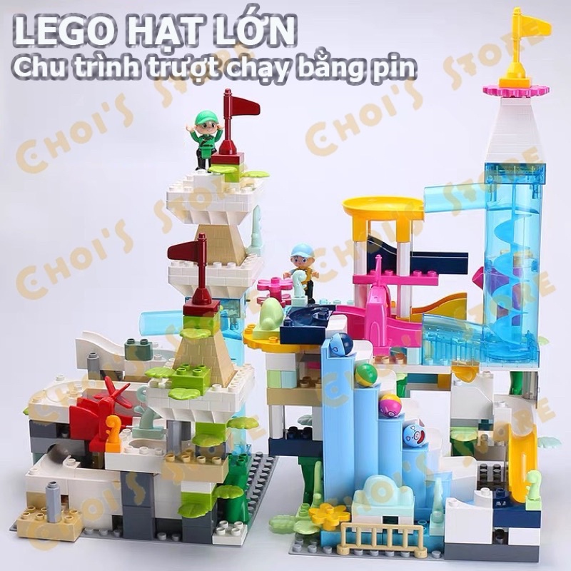 Đồ chơi lego trượt bi mẫu lâu đài có thang máy nâng bi tự động, vui nhộn