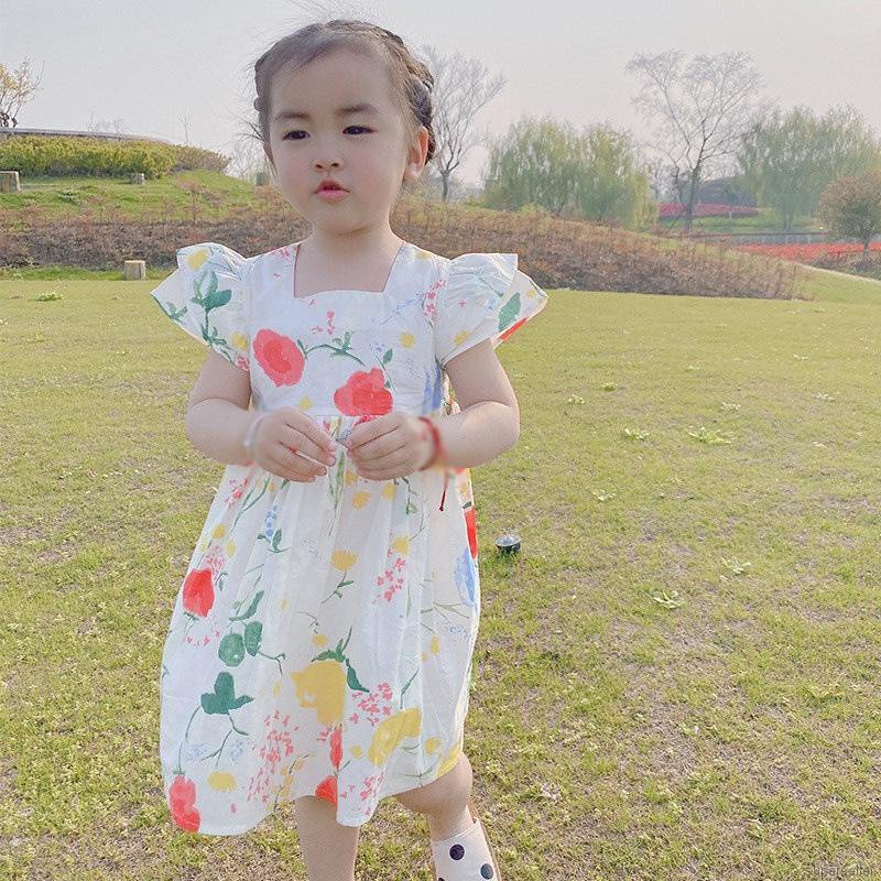 Đầm Tay Phồng Cổ Vuông In Họa Tiết Phong Cách Hàn Quốc Cho Bé Gái 1-6 Tuổi