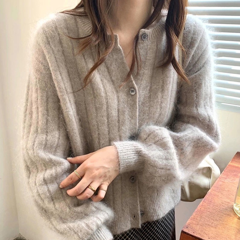 Áo khoác cardigan dệt kim cổ tròn tay phồng dáng rộng họa tiết kẻ sọc thoải mái dành cho nữ