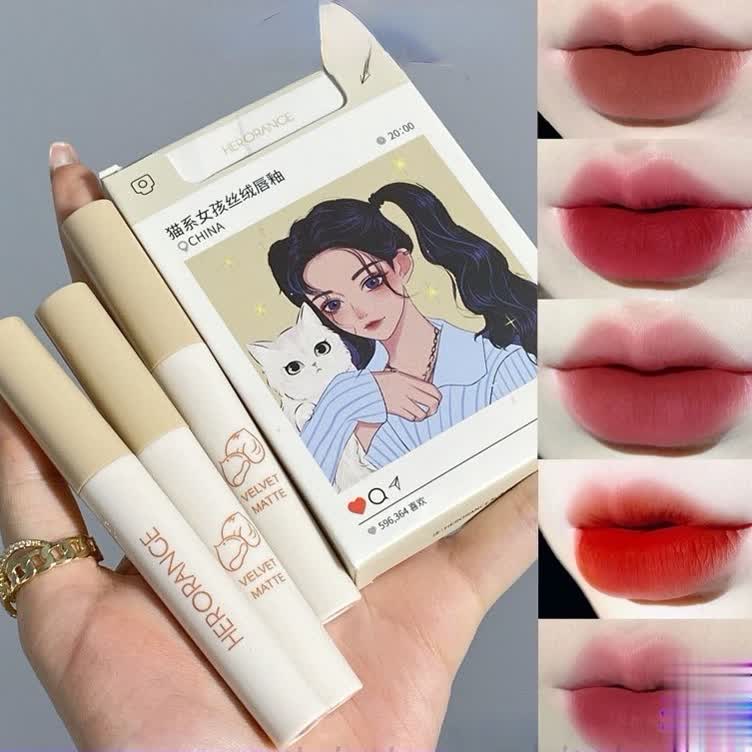 Set 5 son lì thiết kế vỏ họa tiết chú mèo dễ thương xinh xắn (có bán lẻ son bóng)
