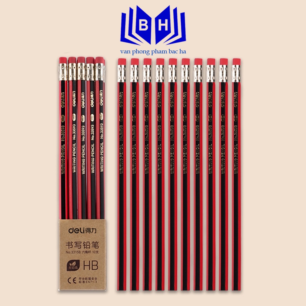 Vỉ 10 bút chì lục giác Deli 2B/HB kèm đầu tẩy - chất liệu gỗ an toàn dễ gọt phù hợp với học sinh văn phòng 33158
