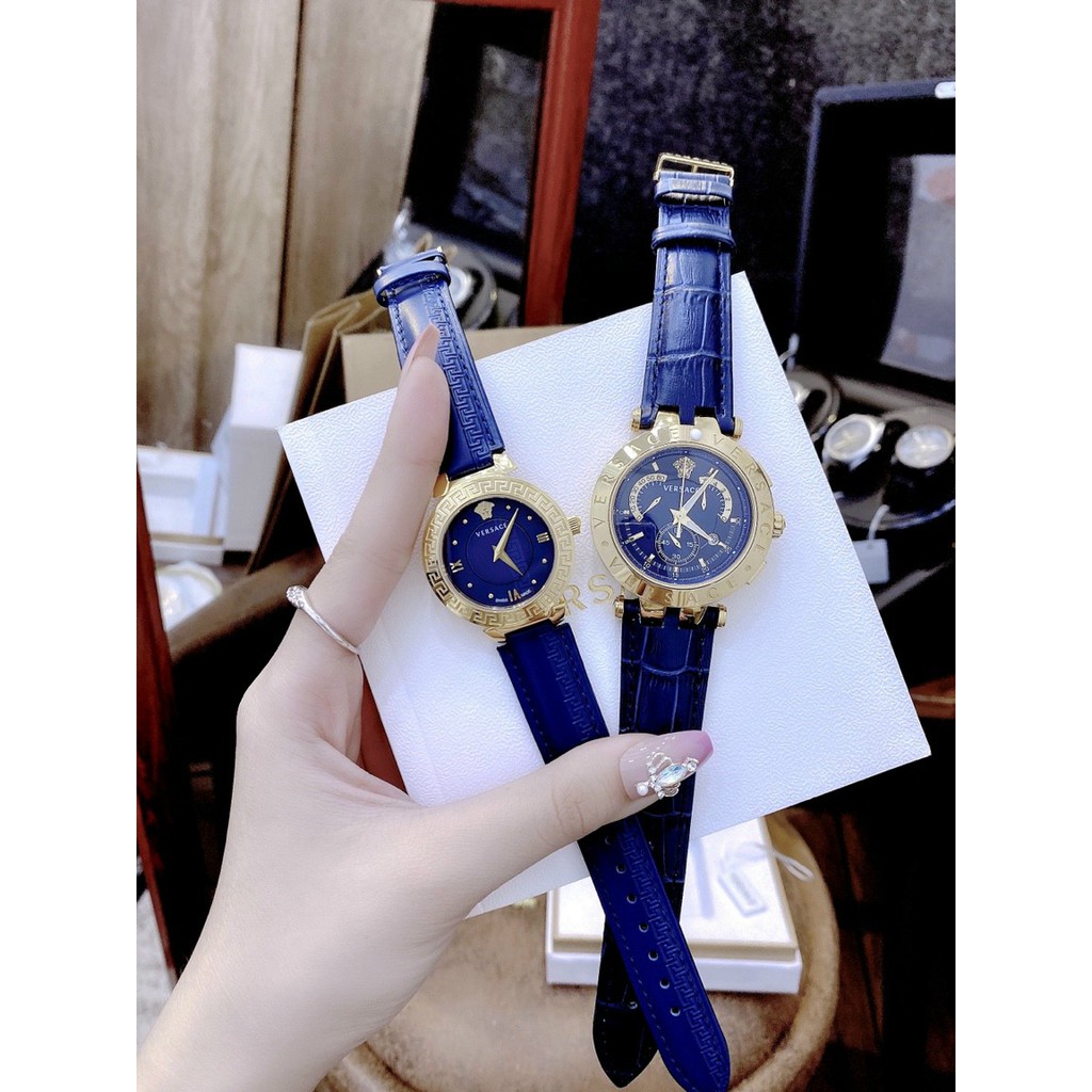 Đồng hồ cặp nam nữ, đồng hồ đôi nam nữ chính hãng full box VERSACE mặt xanh dương thời trang cao cấp, thời thượng