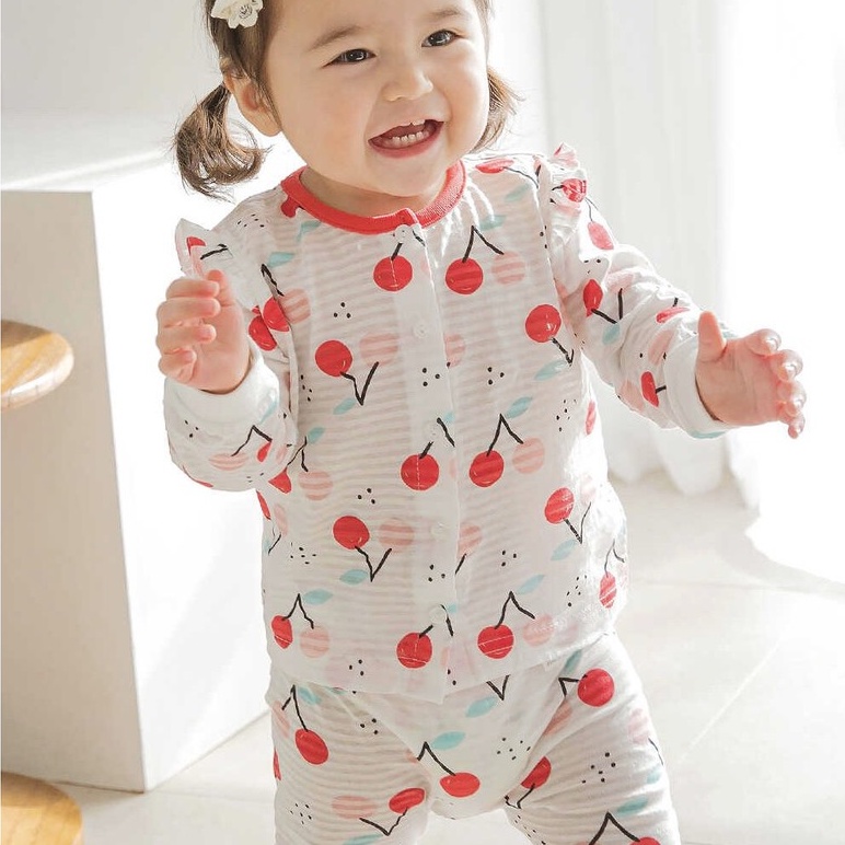 Bộ Dài Tay Cao Cấp Bé Gái Nội Địa Hàn Quốc Của Hãng Corrdii, Chất Cotton Giấy Organic, Mẫu Cherry