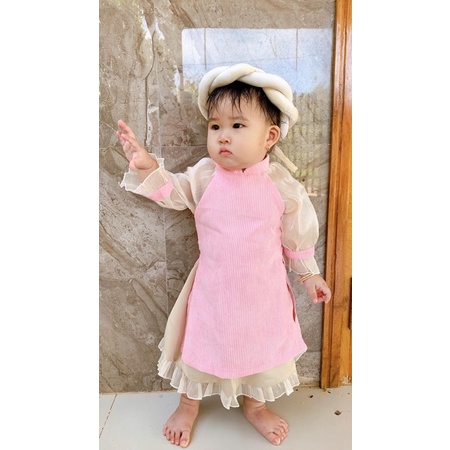 Áo Dài Cách Tân Hồng Phấn Bé Gái 4 Đến 30kg Chất Nhung Tăm Phối Tơ Ánh Nhũ Kèm Mấn