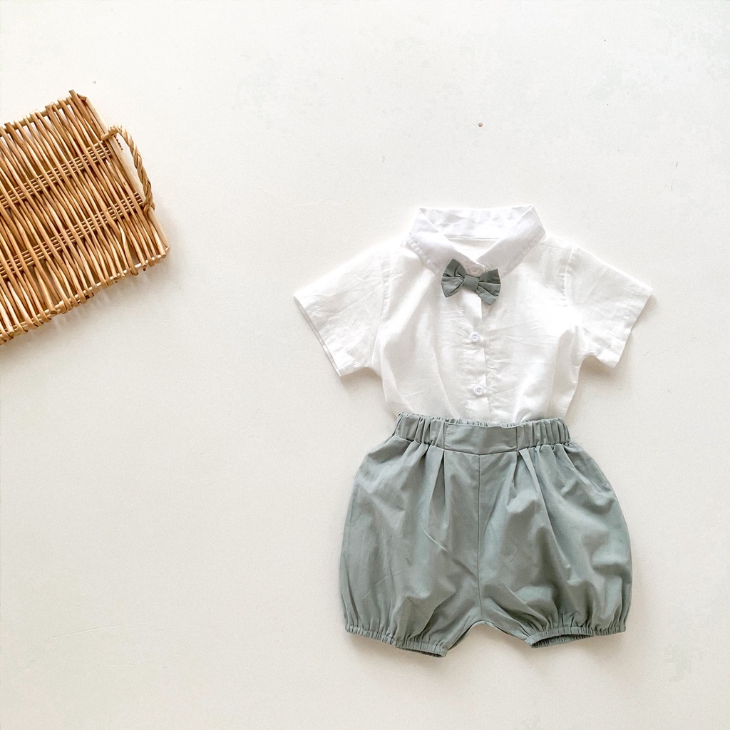 Set Đồ 2 Món Gồm Áo Thun Tay Ngắn Thắt Nơ + Quần Short Thời Trang Mùa Hè Cho Bé Trai