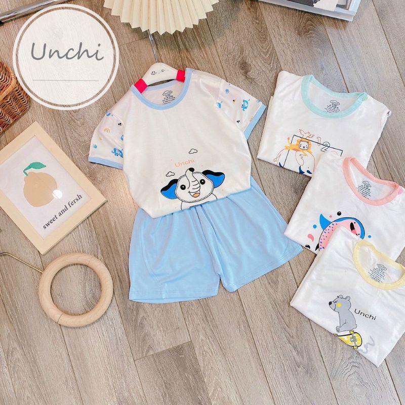 Đồ bộ cộc tay Unchi cho bé trai bé gái chất petit cài vai in hình chìm